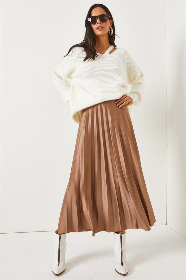 Olalook Olalook Milk Brown Leather Look A-Line Pleat Skirt