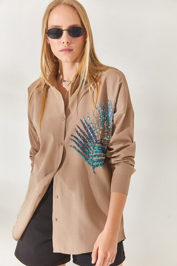Olalook Olalook Mink Palm Sequin Detailed Oversized Woven Poplin Shirt