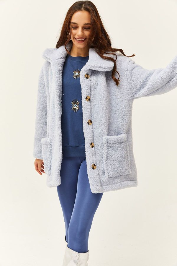 Olalook Olalook Women's Baby Blue Buttoned Pocket Unlined Oversize Plush Jacket