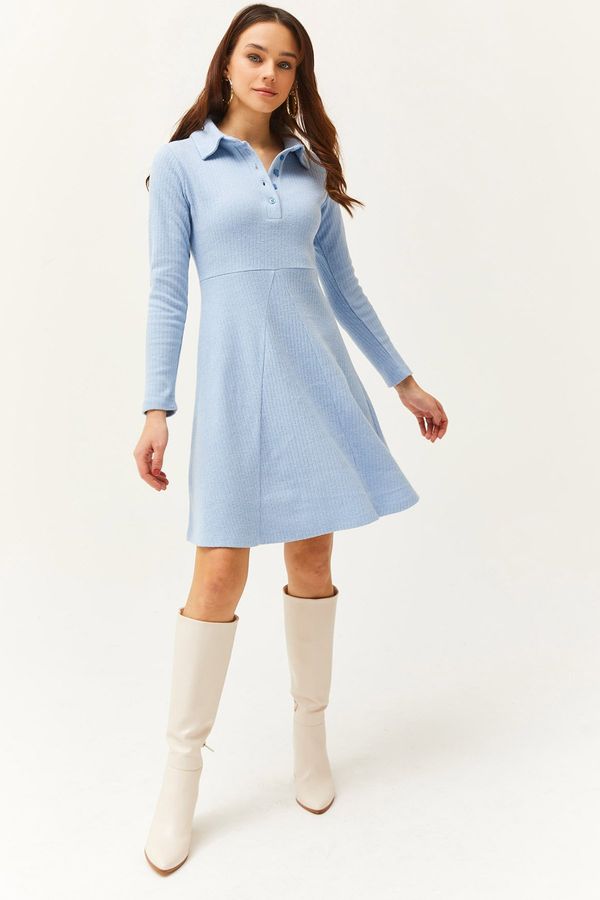 Olalook Olalook Women's Baby Blue Polo Collar Buttoned Mini Flared Dress