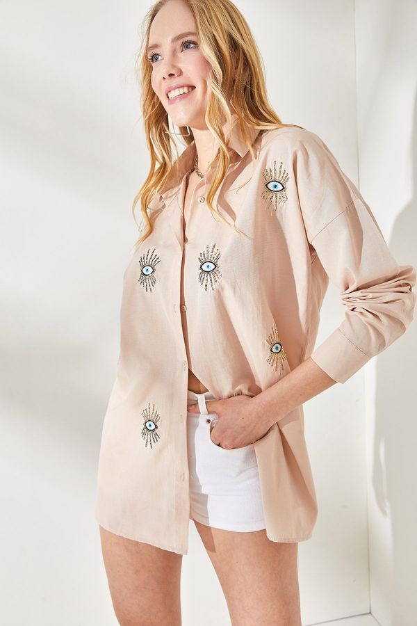 Olalook Olalook Women's Beige Eyes Sequin Detailed Woven Boyfriend Shirt