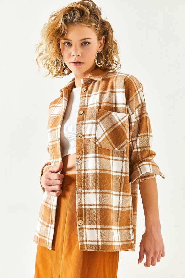 Olalook Olalook Women's Beige One Pocket Thick Plaid Lumberjack Shirt