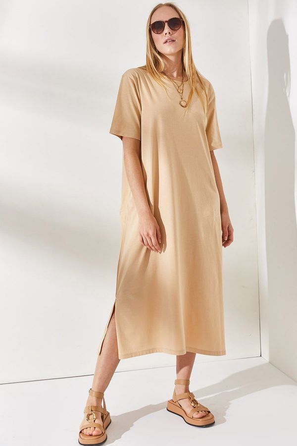 Olalook Olalook Women's Beige Side Slit Oversize Cotton Dress