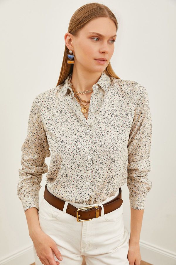 Olalook Olalook Women's Beige White Patterned Woven Viscose Shirt