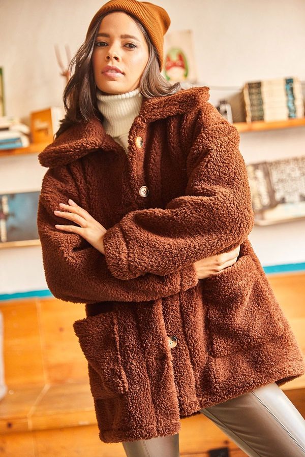 Olalook Olalook Women's Bitter Brown Buttons Unlined Oversized Plush Jacket with Pocket