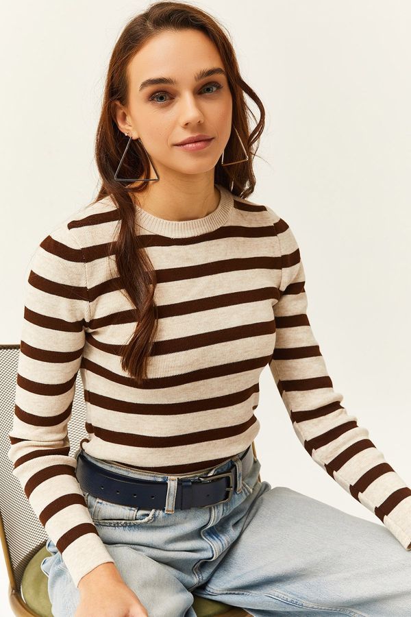 Olalook Olalook Women's Bitter Brown Crew Neck Striped Knitwear Crop Sweater