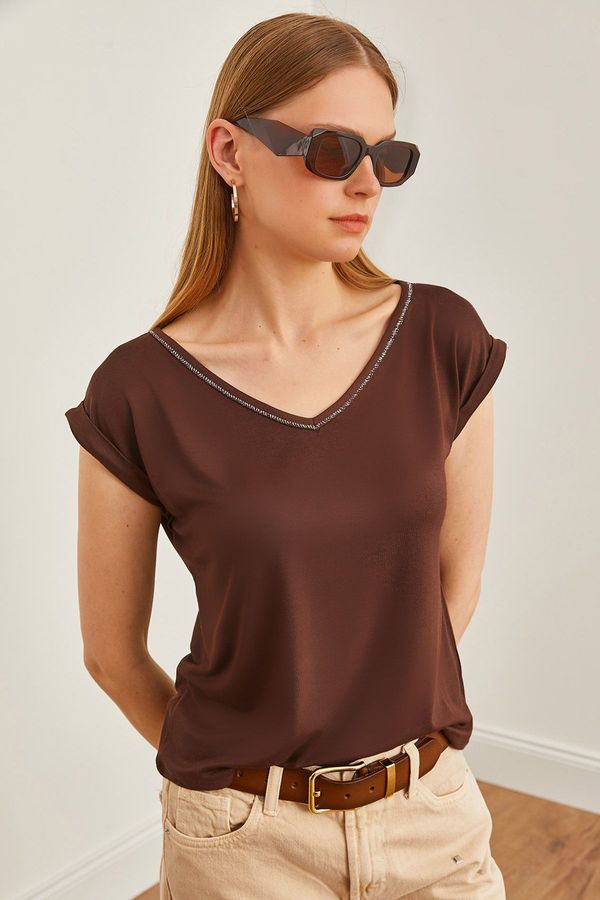 Olalook Olalook Women's Bitter Brown Silver Stitching Detailed V-Neck Knitted Viscose Blouse