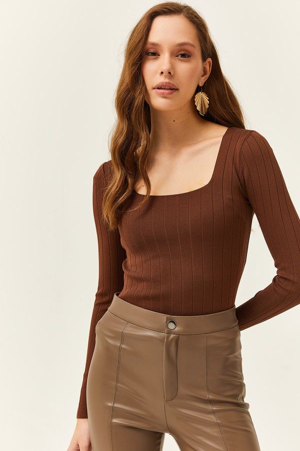 Olalook Olalook Women's Bitter Brown Square Neck Thick Ribbed Knitwear Blouse