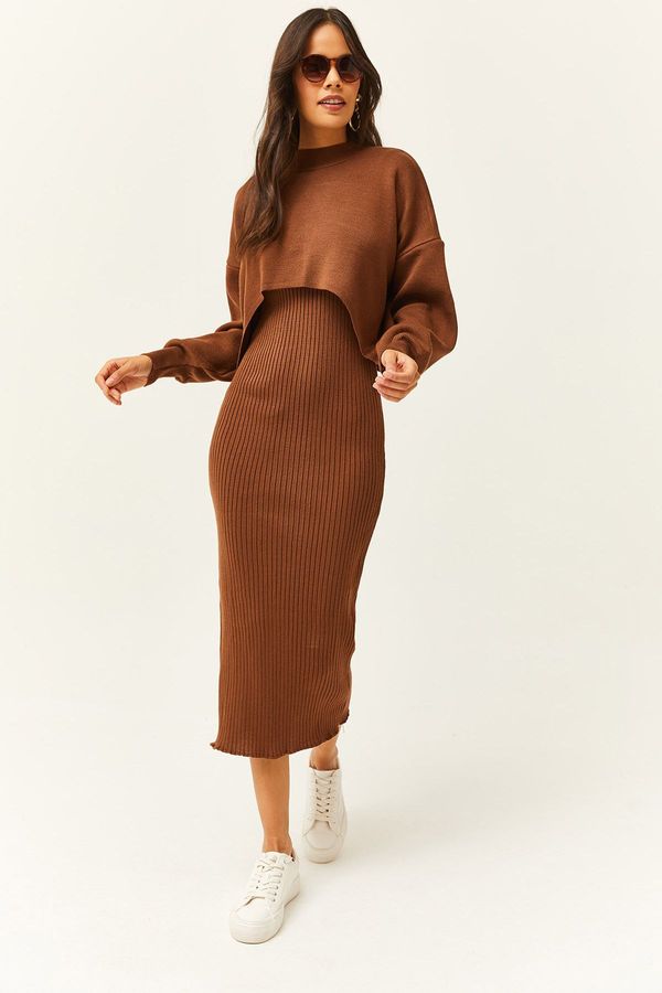 Olalook Olalook Women's Bitter Brown Top Crop Sweater Bottom Strap Dress Knitwear Suit