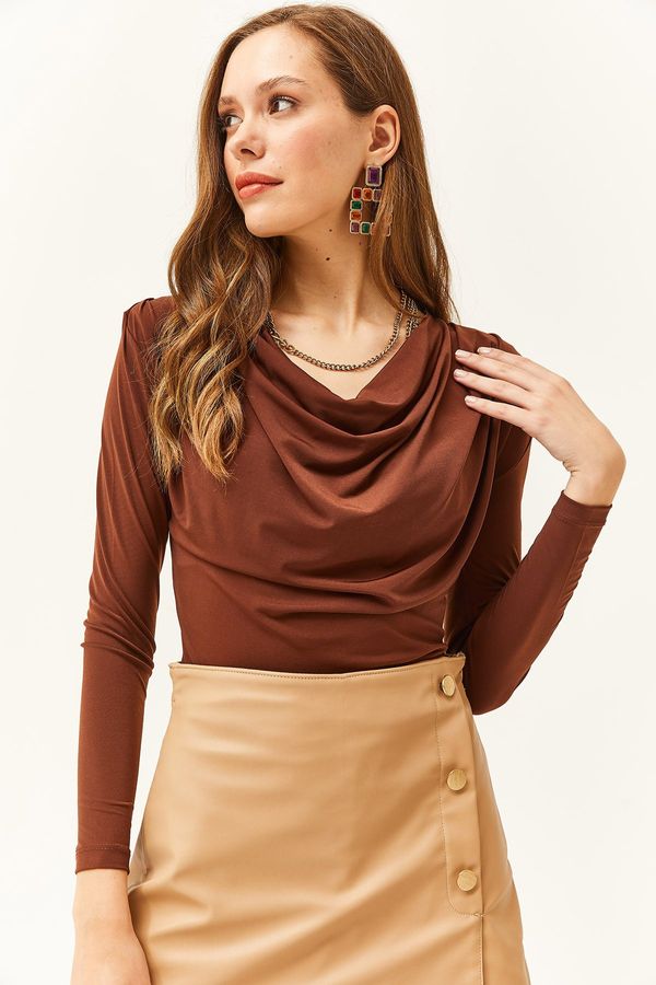 Olalook Olalook Women's Bitter Brown Waistband Pleated Turndown Collar Blouse