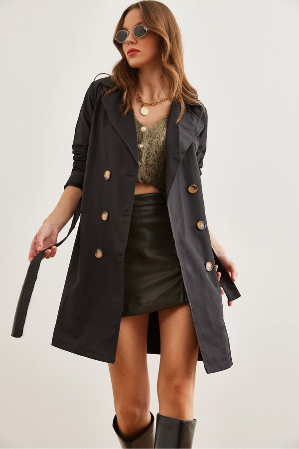 Olalook Olalook Women's Black Buttoned Pocket Unlined Thin Trench Coat