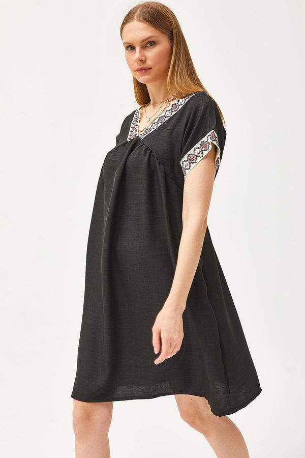 Olalook Olalook Women's Black Collar Lace Linen Dress