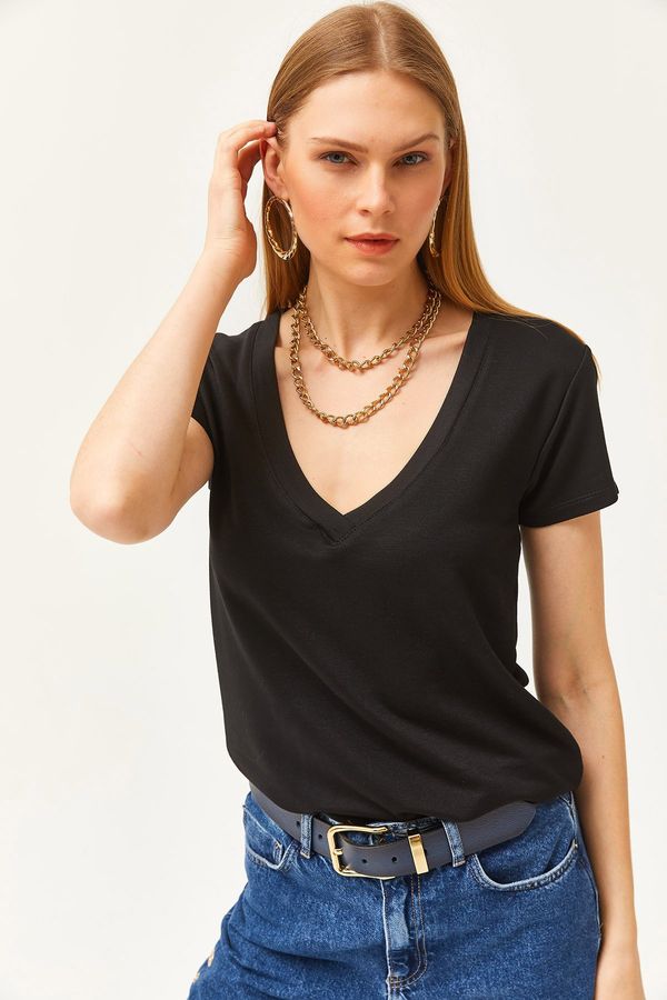 Olalook Olalook Women's Black Deep V-Neck Modal Touch T-Shirt