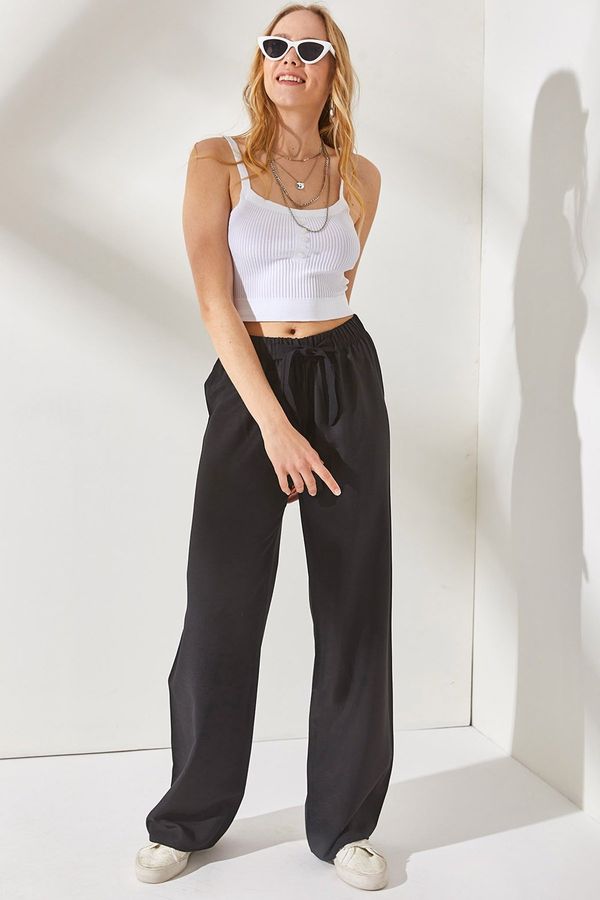 Olalook Olalook Women's Black Elastic Waist and Laced Palazzo Linen Trousers