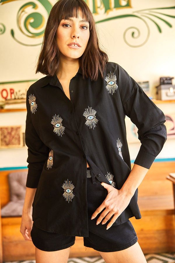 Olalook Olalook Women's Black Eye-Sequined Detailed Woven Boyfriend Shirt