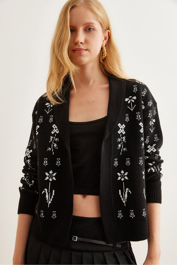 Olalook Olalook Women's Black Floral Patterned Shawl Collar Knitwear Cardigan