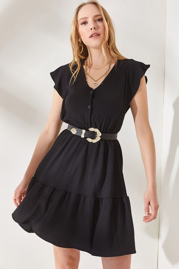 Olalook Olalook Women's Black Mini Dress with Frilled Buttons and Elastic Waist