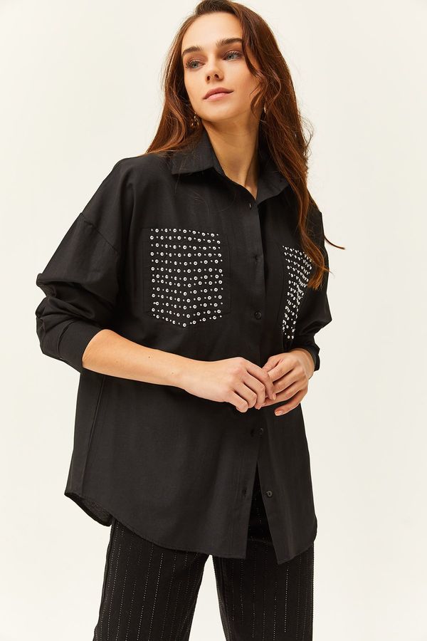 Olalook Olalook Women's Black Pocket Staple Detailed Oversize Shirt