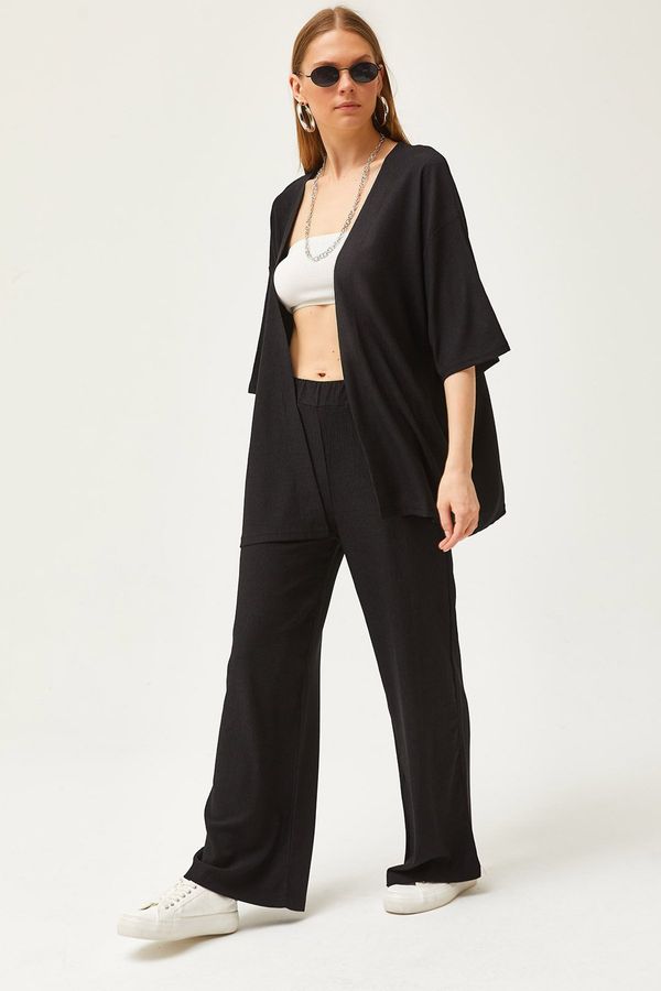 Olalook Olalook Women's Black Top Kimono Bottom Pants Set