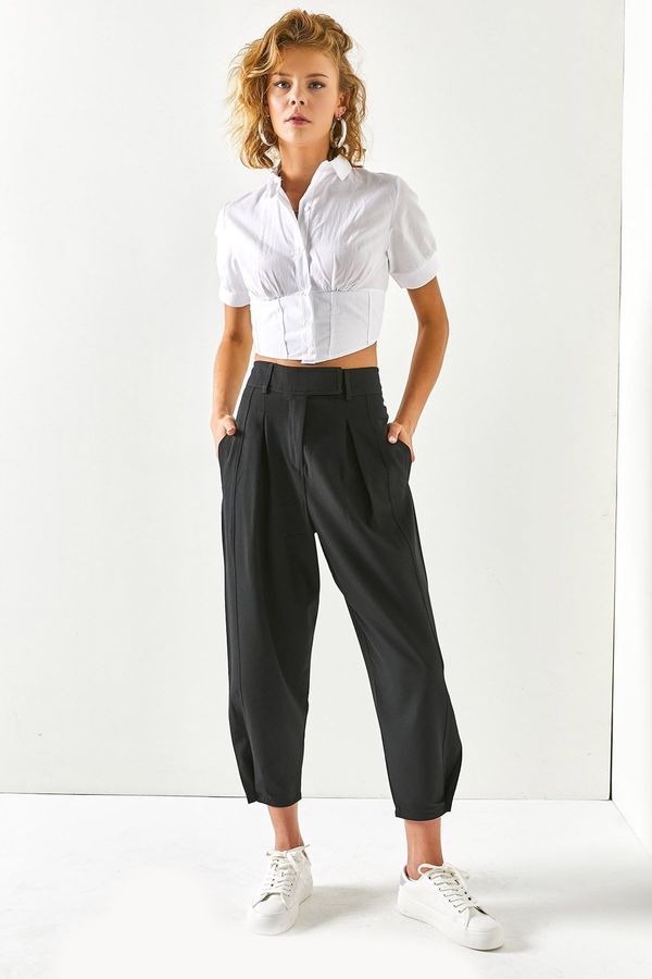 Olalook Olalook Women's Black Trousers with Leg Detail and Carrots with Velcro Waist and Pocket