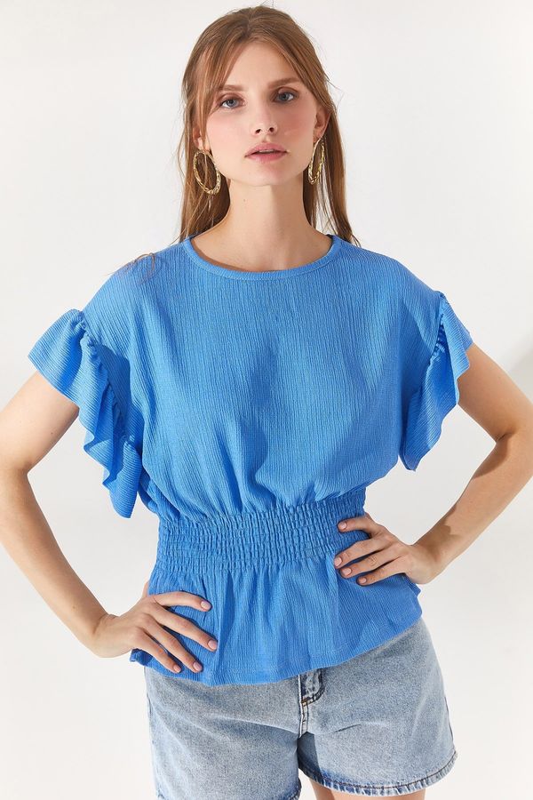 Olalook Olalook Women's Blue Bat Blouse with Elastic Waist and Frilly Sleeves