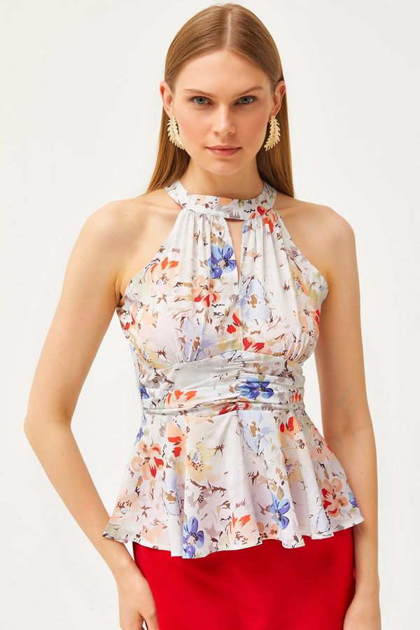 Olalook Olalook Women's Blue Floral Barbell Neck Waist Detailed Crepe Blouse