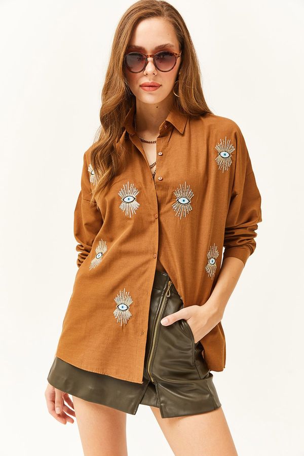 Olalook Olalook Women's Brown Sequin Detailed Woven Boyfriend Shirt