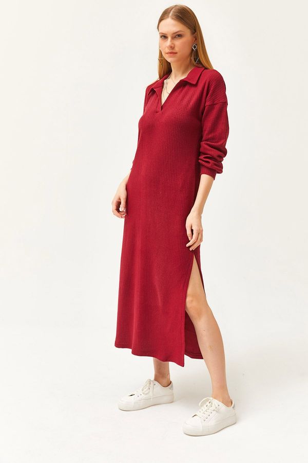 Olalook Olalook Women's Burgundy Polo Neck Slit Raised Midi Dress