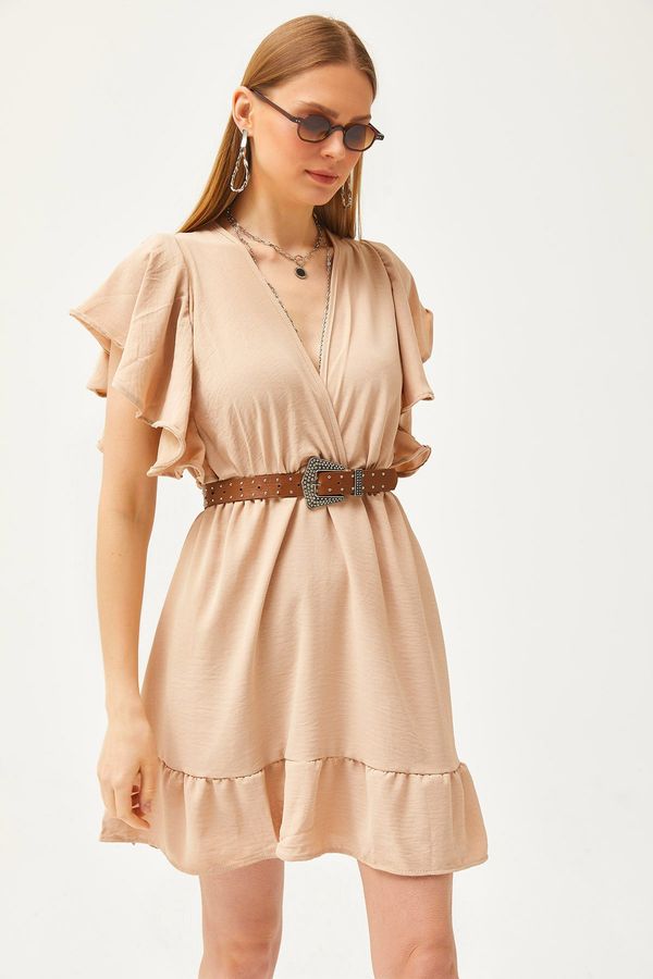 Olalook Olalook Women's Camel Double Breasted Collar Sleeve Detail Mini Flowy Dress