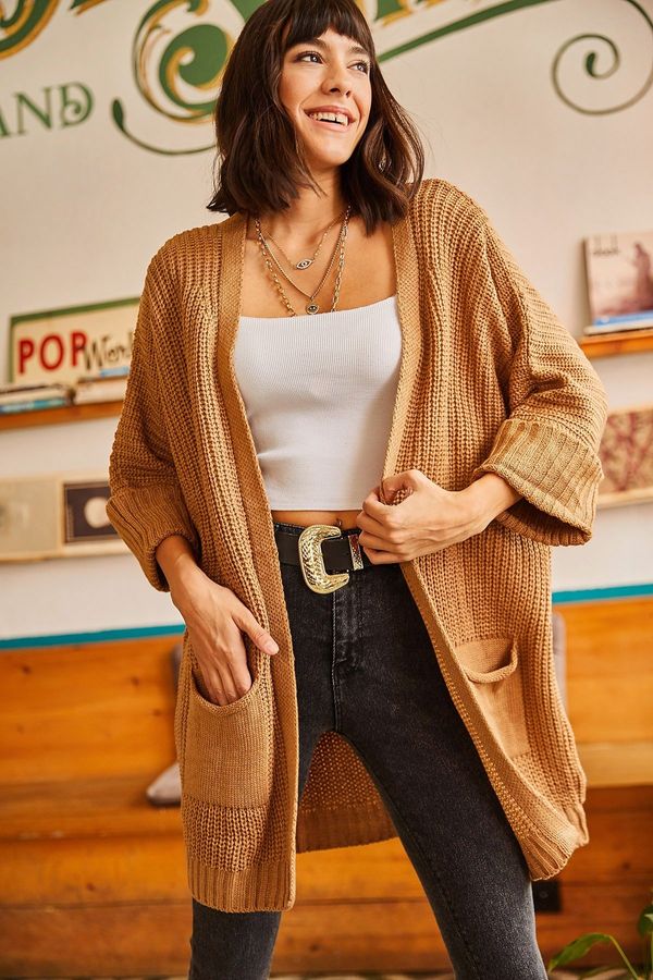Olalook Olalook Women's Camel Folded Sleeve Loose Knitwear Cardigan With Pocket