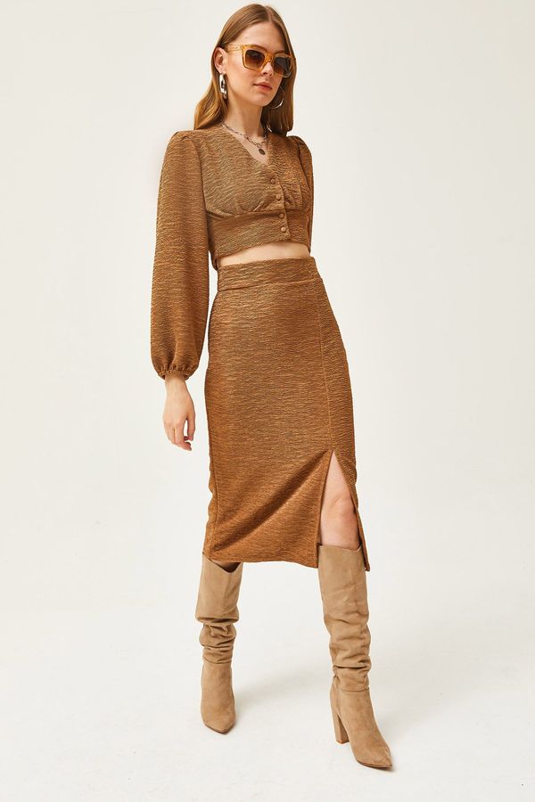 Olalook Olalook Women's Camel Slit Skirt Knitted Suit