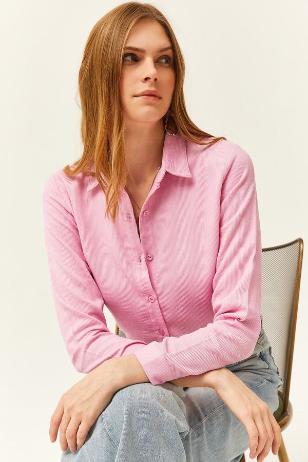 Olalook Olalook Women's Candy Pink Slim Ribbed Velvet Shirt