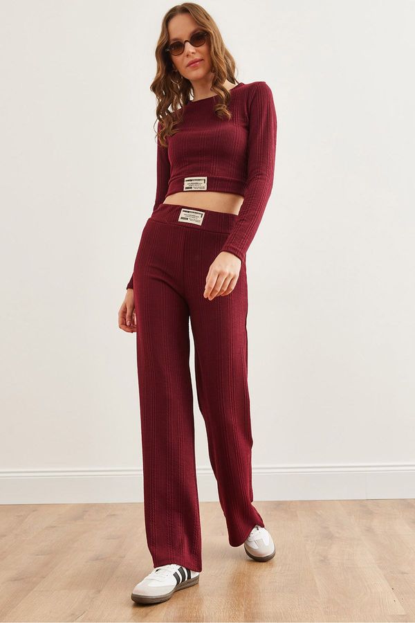 Olalook Olalook Women's Claret Red Textured Embroidered Bottom Top Flowing Suit