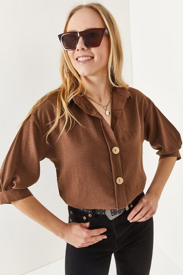 Olalook Olalook Women's Dark Brown Wooden Buttoned Three Quarter Sleeve Linen Shirt