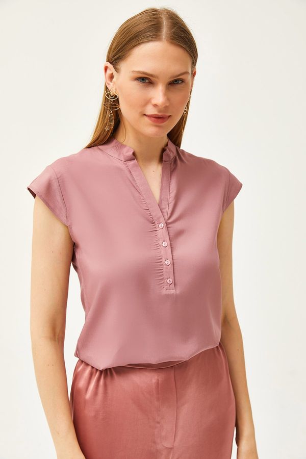 Olalook Olalook Women's Dusty Rose V-Neck 4-Button Viscose Blouse