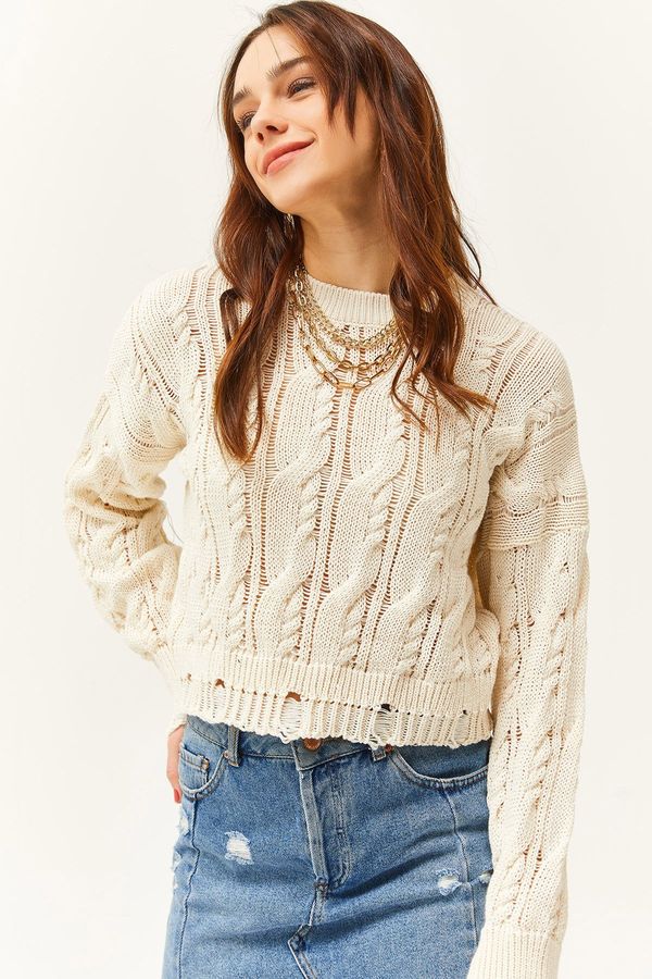 Olalook Olalook Women's Ecru Hair Knit Openwork Seasonal Knitwear Blouse