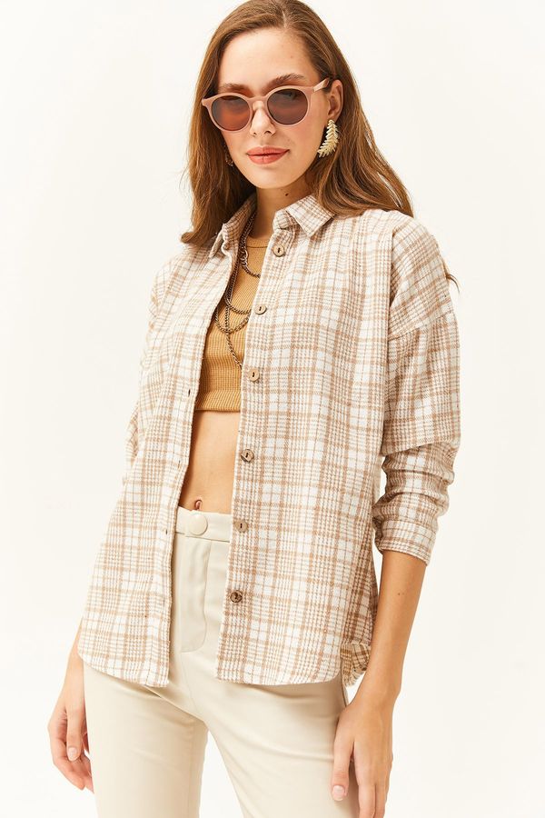 Olalook Olalook Women's Ecru Stone Plaid Lumberjack Shirt GML-9001153