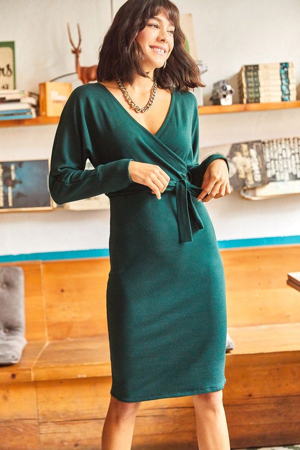 Olalook Olalook Women's Emerald Green Double Breasted Belted Sweater Dress