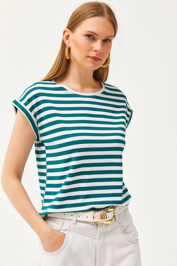 Olalook Olalook Women's Emerald Green Striped Bat Viscose T-Shirt