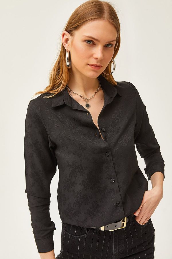 Olalook Olalook Women's Floral Black Jacquard Satin Detailed Woven Shirt