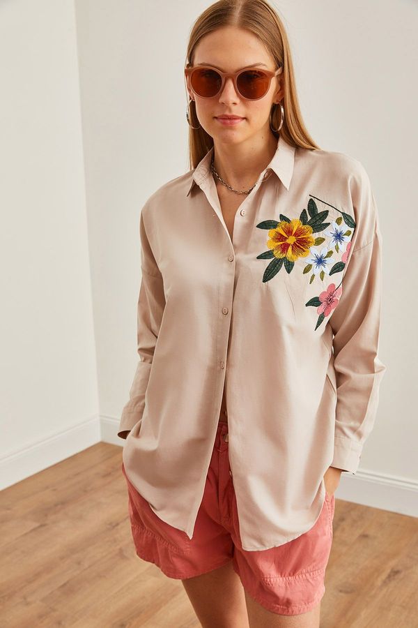 Olalook Olalook Women's Floral Stone Embroidery Detailed Oversize Woven Shirt