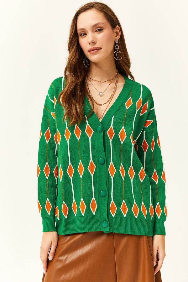 Olalook Olalook Women's Grass Green Diamond Pattern Oversize Knitted Cardigan