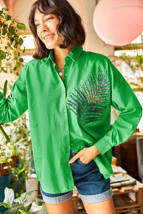 Olalook Olalook Women's Grass Green Palm Sequin Detailed Oversized Woven Poplin Shirt