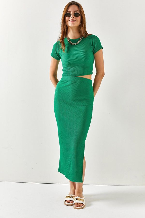 Olalook Olalook Women's Grass Green Short Sleeve Slit Skirted Lycra Suit