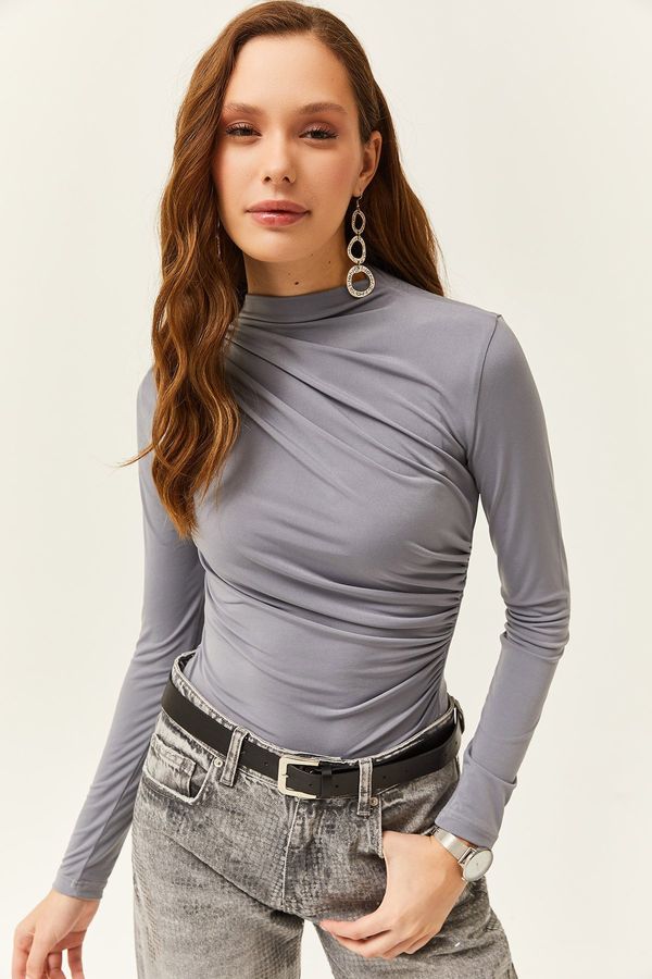 Olalook Olalook Women's Gray High Collar Ruffle Detailed Lycra Blouse