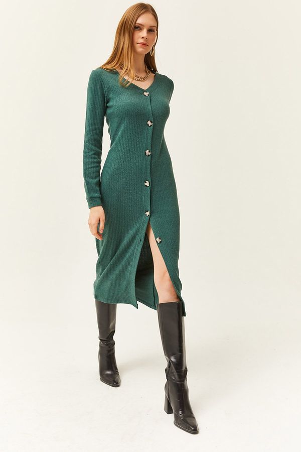 Olalook Olalook Women's Green V-Neck Buttoned Thick Ribbed Midi Dress