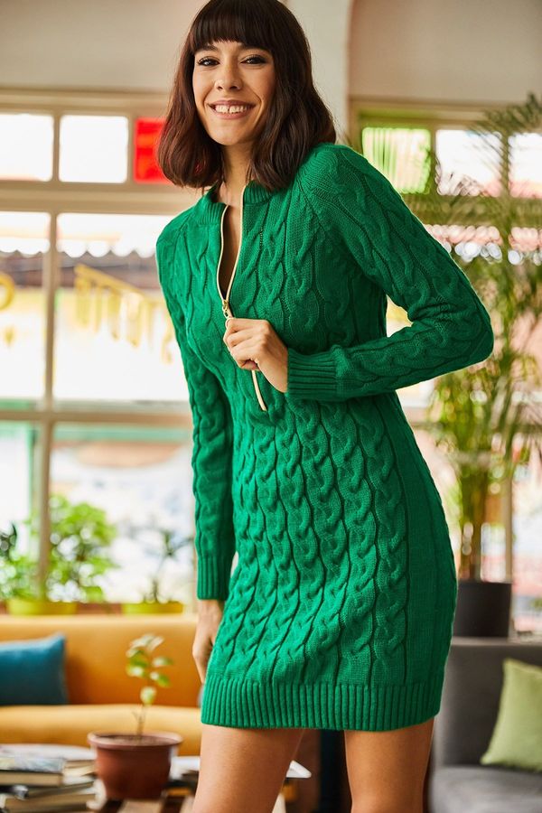 Olalook Olalook Women's Green Zippered Hair Knitted Sweater Dress