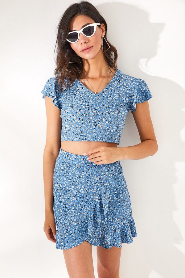Olalook Olalook Women's Indigo Floral Skirt, Wrapped Top and Bottom Set