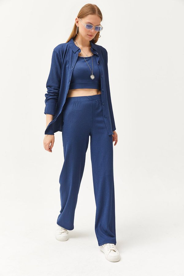 Olalook Olalook Women's Indigo Shirt Blouse Trousers 3-Piece Set