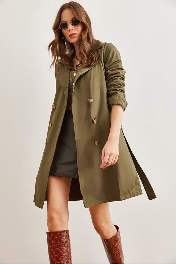 Olalook Olalook Women's Khaki Buttoned Pocket Unlined Thin Trench Coat